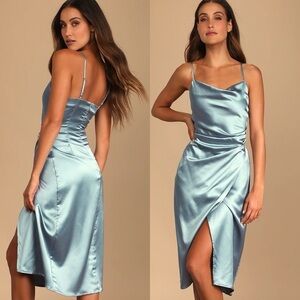 NWT Lulu’s Hollywood Woman Dusty Blue Satin Midi Dress Small Romantic Party Chic